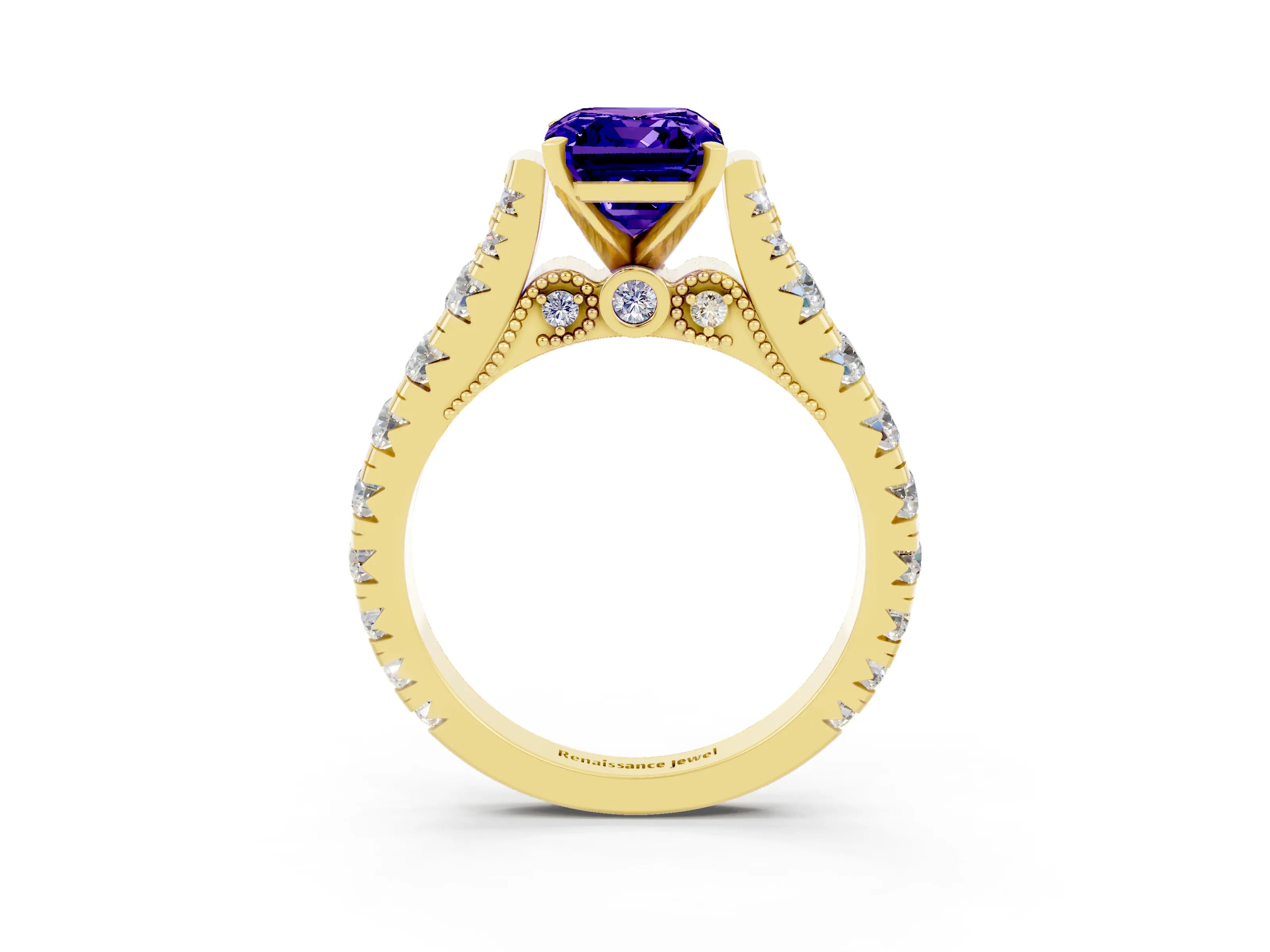 Yellow gold Emerald Cut Tanzanite Classic Solitaire Ring with Pavé Band and Four-Prong Setting_3