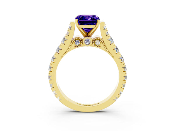 Yellow gold Emerald Cut Tanzanite Classic Solitaire Ring with Pavé Band and Four-Prong Setting