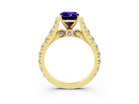 Yellow gold Emerald Cut Tanzanite Classic Solitaire Ring with Pavé Band and Four-Prong Setting_3