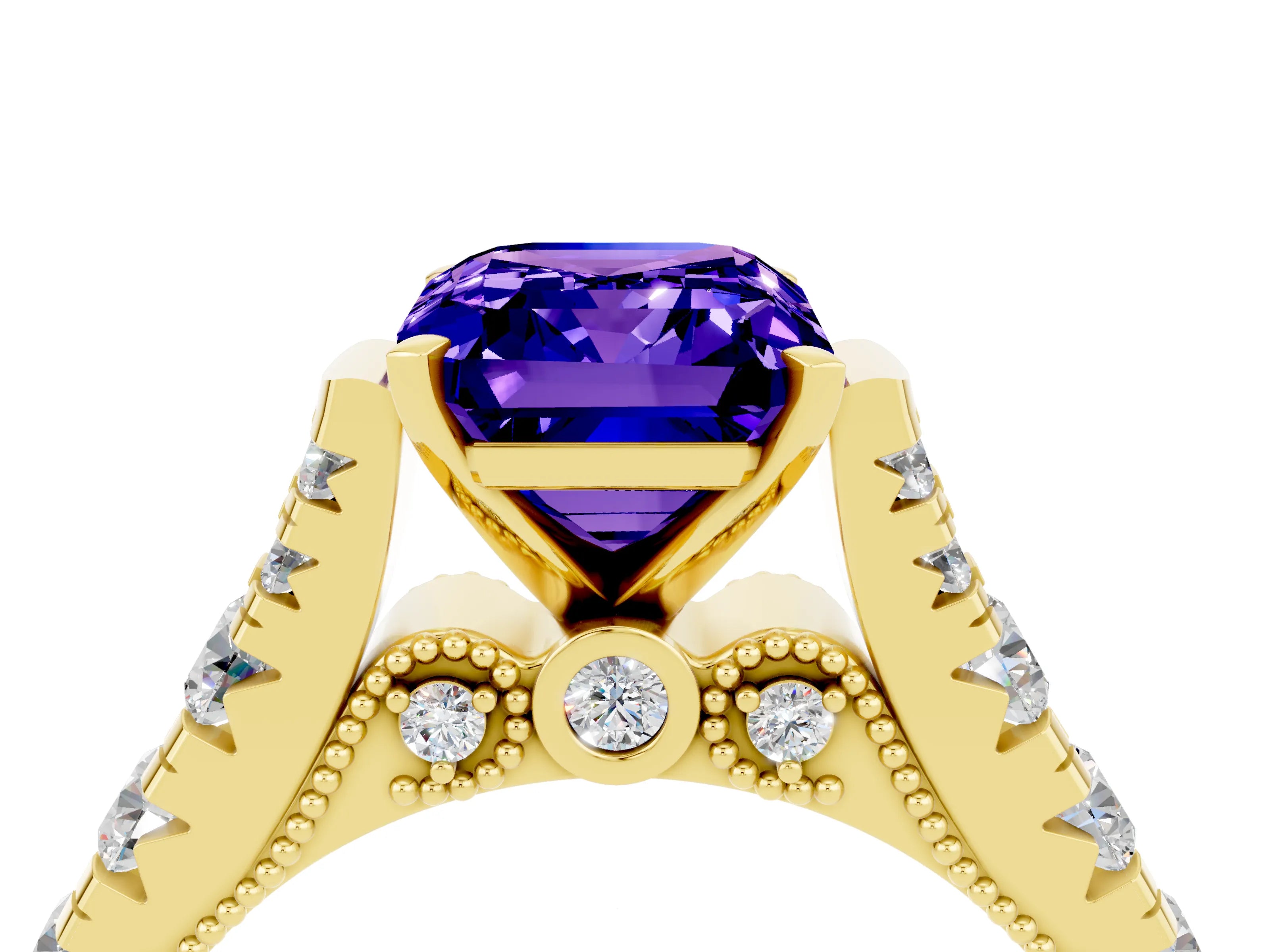 Yellow gold Emerald Cut Tanzanite Classic Solitaire Ring with Pavé Band and Four-Prong Setting_4