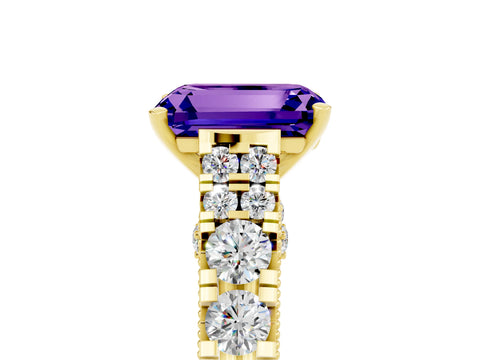 Yellow gold Emerald Cut Tanzanite Classic Solitaire Ring with Pavé Band and Four-Prong Setting_5