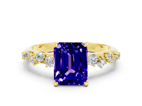 Yellow gold Emerald Cut Tanzanite Cluster Side Stone Solitaire Ring with Prong Setting_24