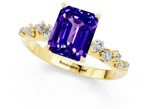 Yellow gold Emerald Cut Tanzanite Cluster Side Stone Solitaire Ring with Prong Setting_25
