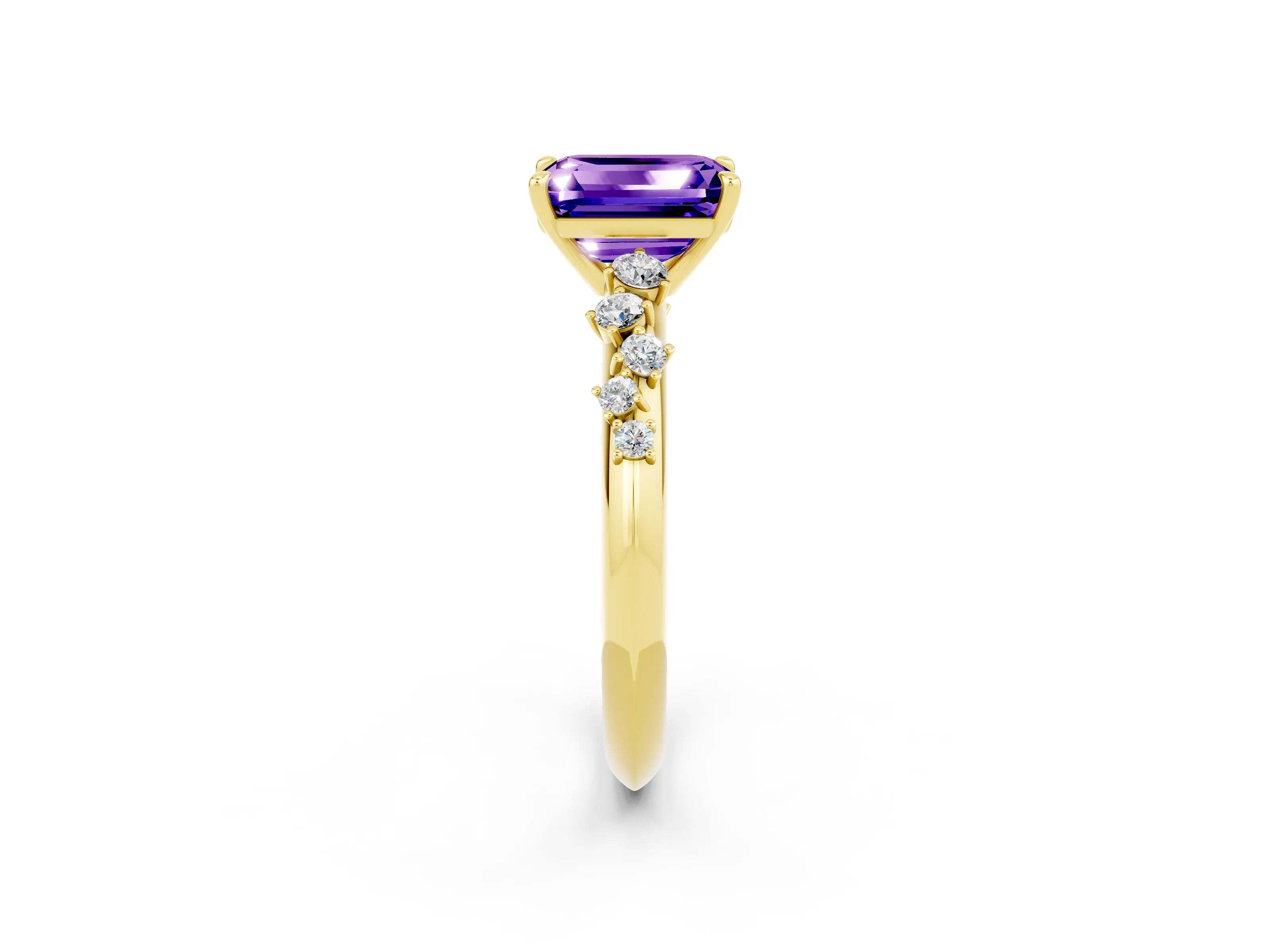 Yellow gold Emerald Cut Tanzanite Cluster Side Stone Solitaire Ring with Prong Setting_26