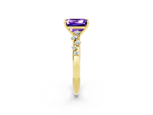 Yellow gold Emerald Cut Tanzanite Cluster Side Stone Solitaire Ring with Prong Setting