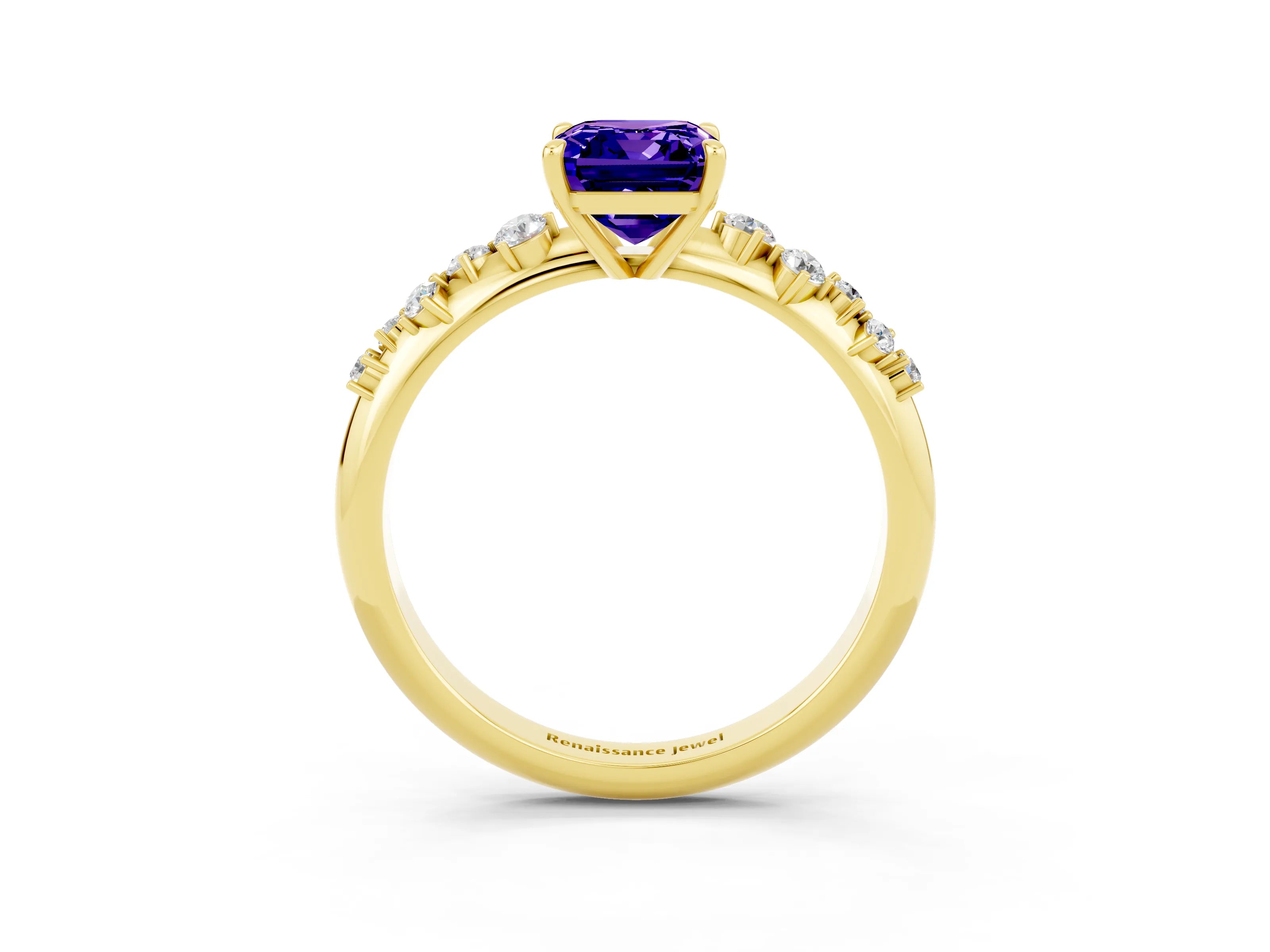 Yellow gold Emerald Cut Tanzanite Cluster Side Stone Solitaire Ring with Prong Setting_27