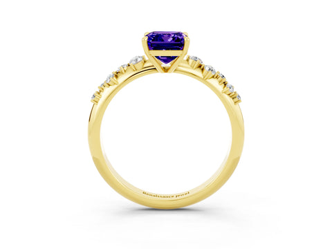 Yellow gold Emerald Cut Tanzanite Cluster Side Stone Solitaire Ring with Prong Setting_27