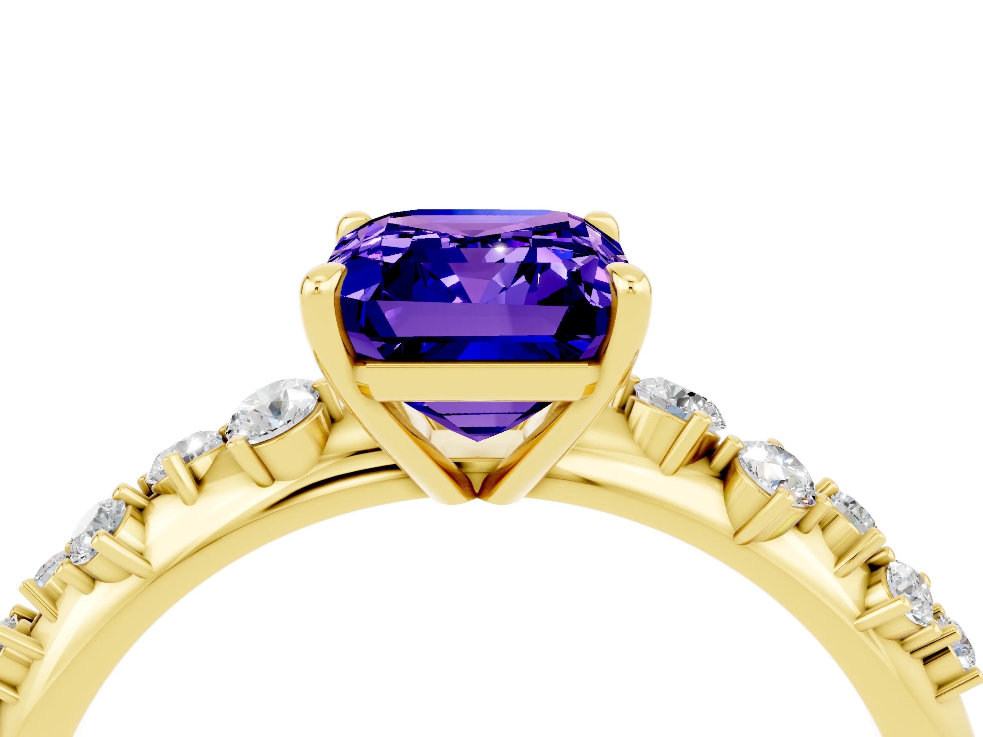 Yellow gold Emerald Cut Tanzanite Cluster Side Stone Solitaire Ring with Prong Setting_28