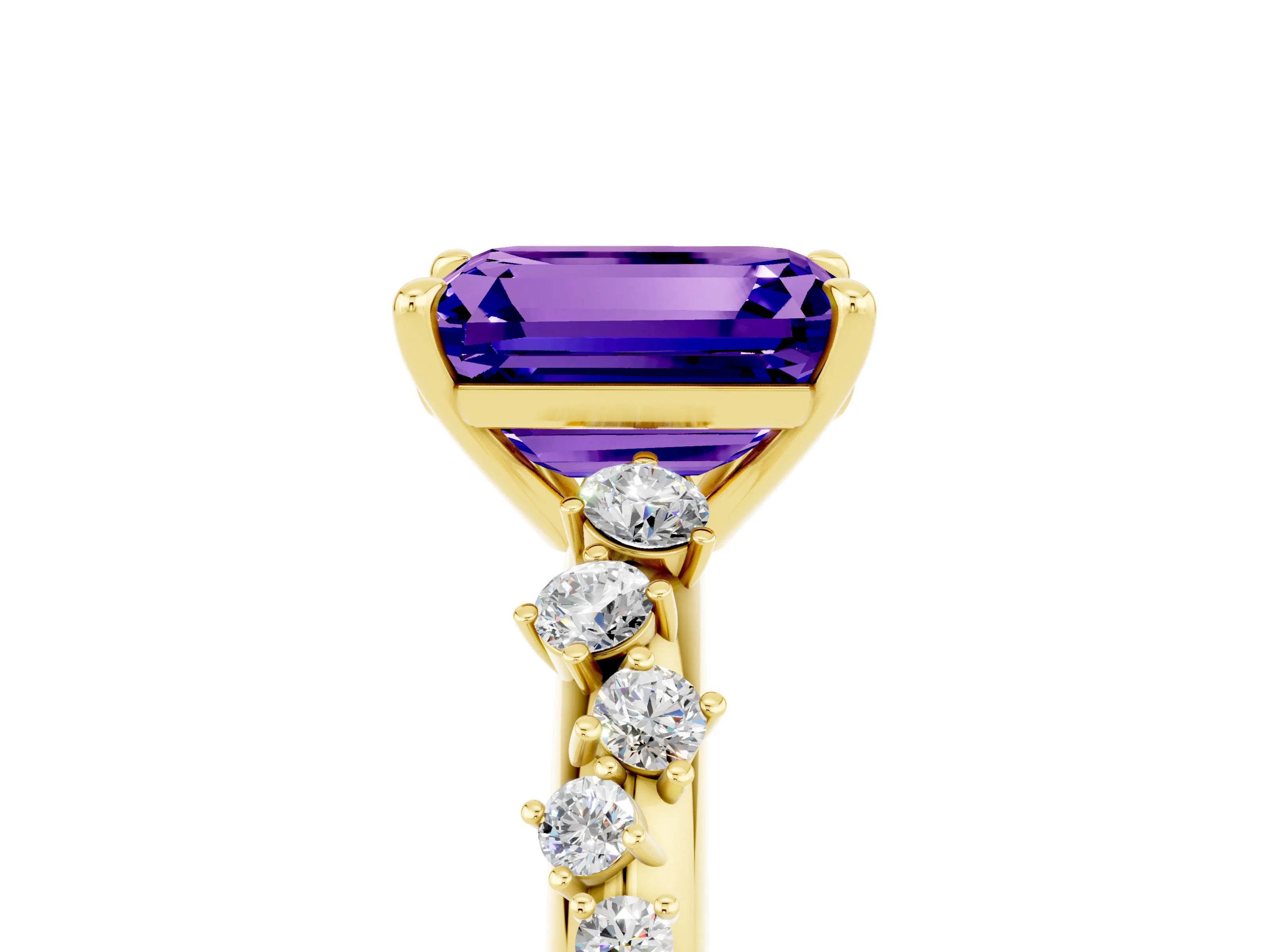 Yellow gold Emerald Cut Tanzanite Cluster Side Stone Solitaire Ring with Prong Setting_29