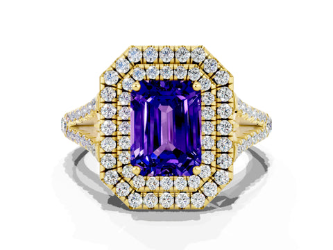 Yellow gold Emerald Cut Tanzanite Double Halo Ring with Pavé Band and Prong Setting_12