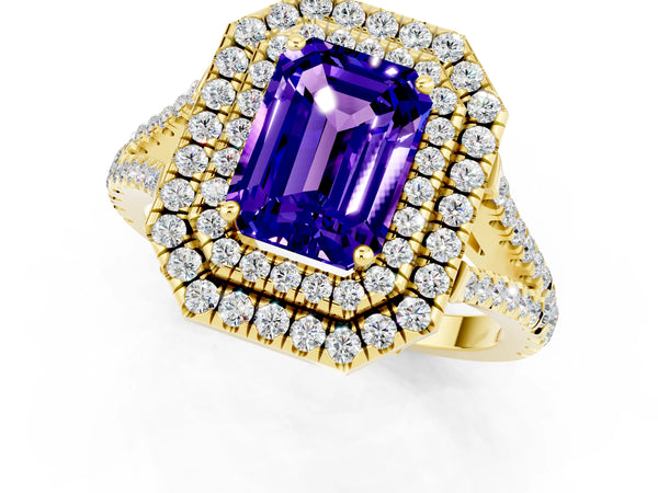 Yellow gold Emerald Cut Tanzanite Double Halo Ring with Pavé Band and Prong Setting