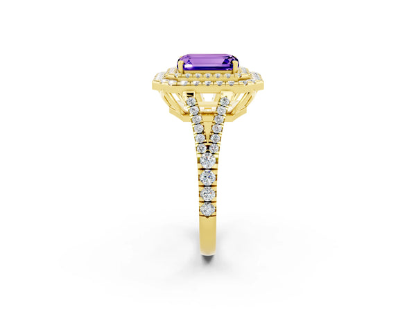 Yellow gold Emerald Cut Tanzanite Double Halo Ring with Pavé Band and Prong Setting