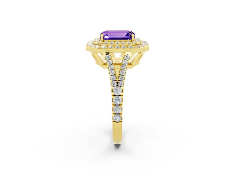 Yellow gold Emerald Cut Tanzanite Double Halo Ring with Pavé Band and Prong Setting_14