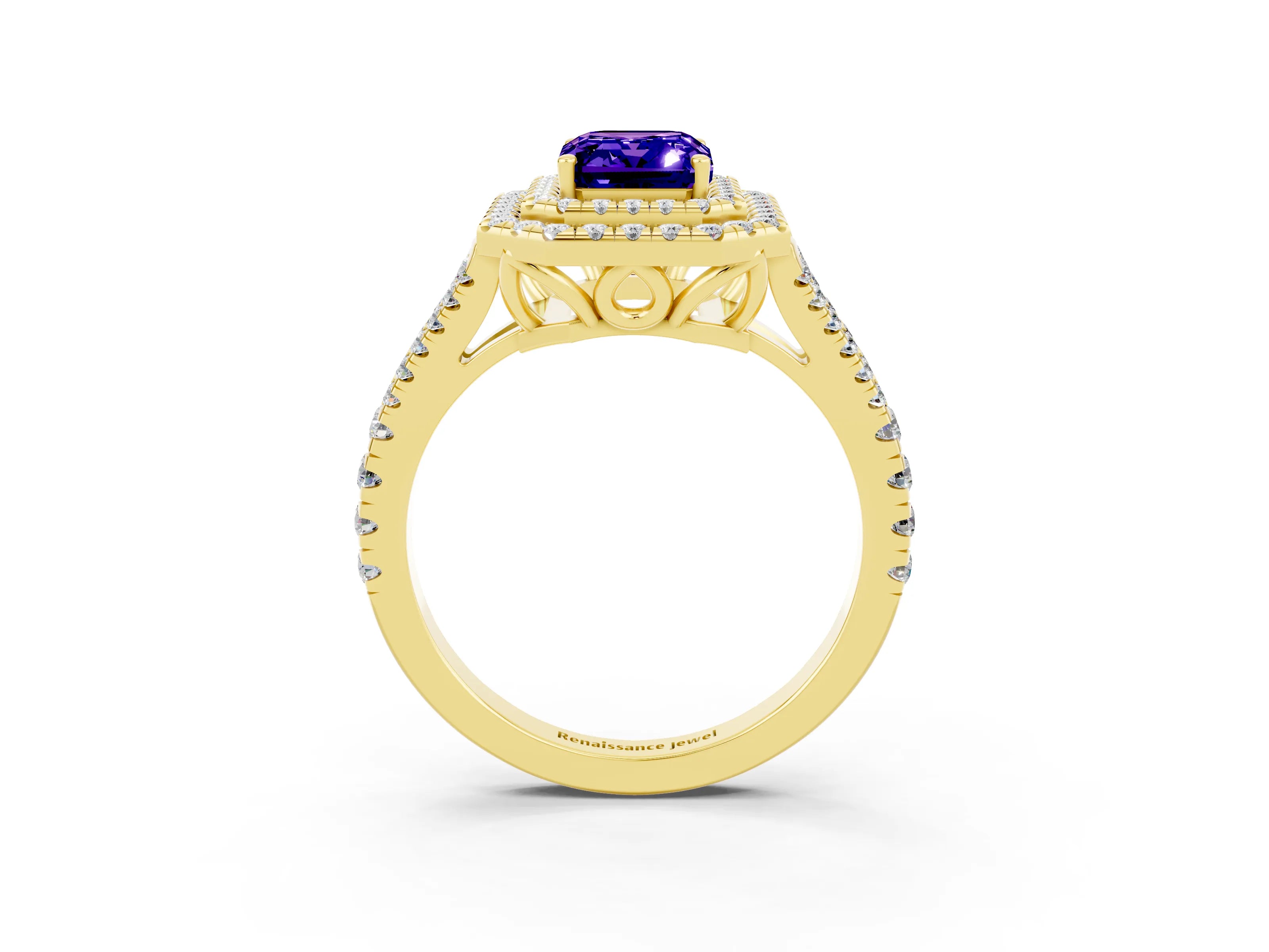 Yellow gold Emerald Cut Tanzanite Double Halo Ring with Pavé Band and Prong Setting_15