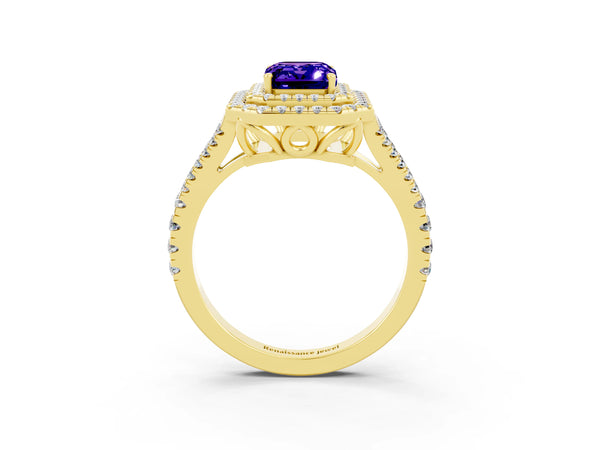 Yellow gold Emerald Cut Tanzanite Double Halo Ring with Pavé Band and Prong Setting