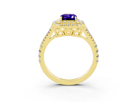Yellow gold Emerald Cut Tanzanite Double Halo Ring with Pavé Band and Prong Setting_15