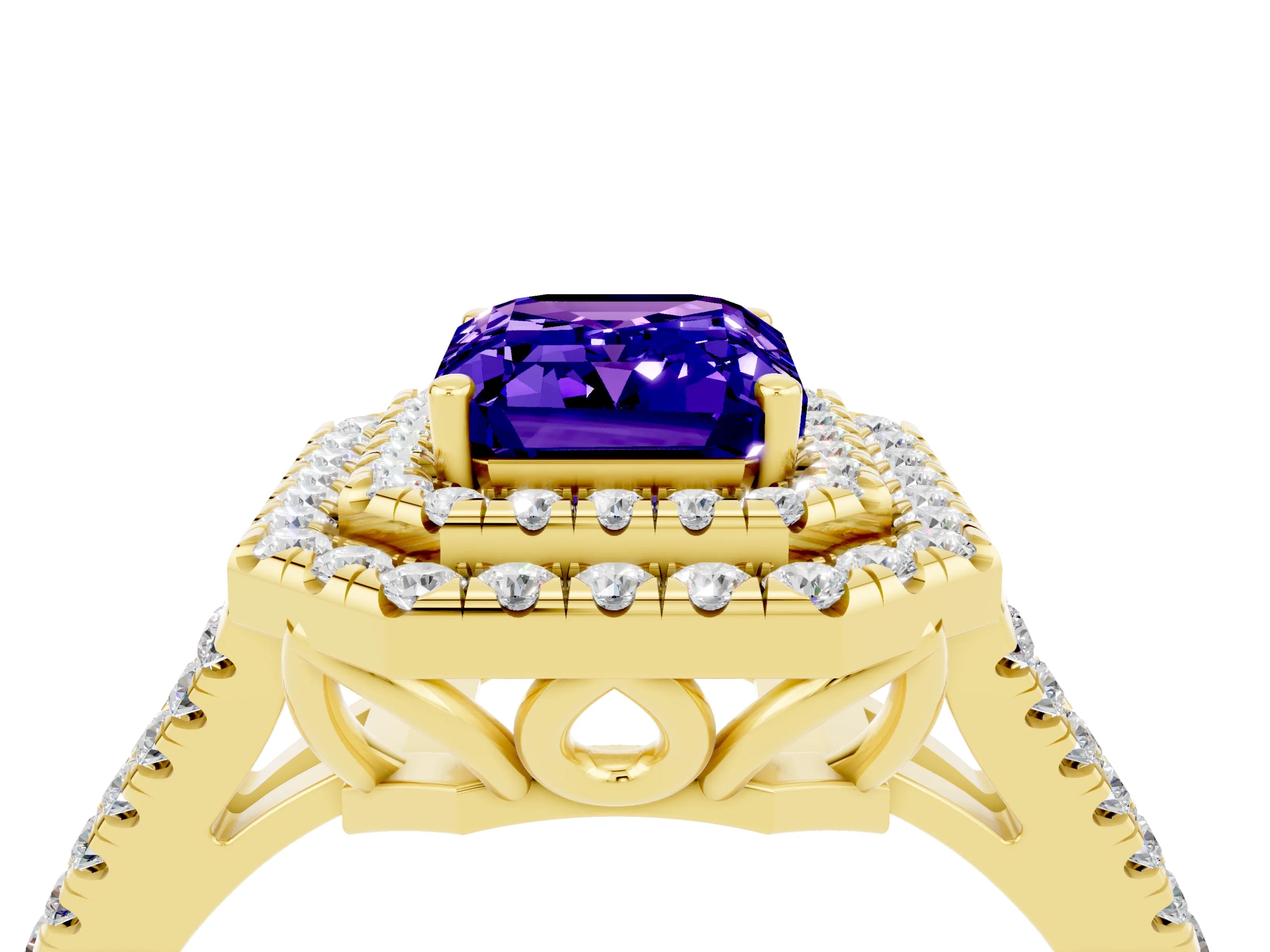 Yellow gold Emerald Cut Tanzanite Double Halo Ring with Pavé Band and Prong Setting_16