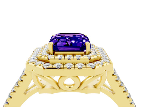 Yellow gold Emerald Cut Tanzanite Double Halo Ring with Pavé Band and Prong Setting_16