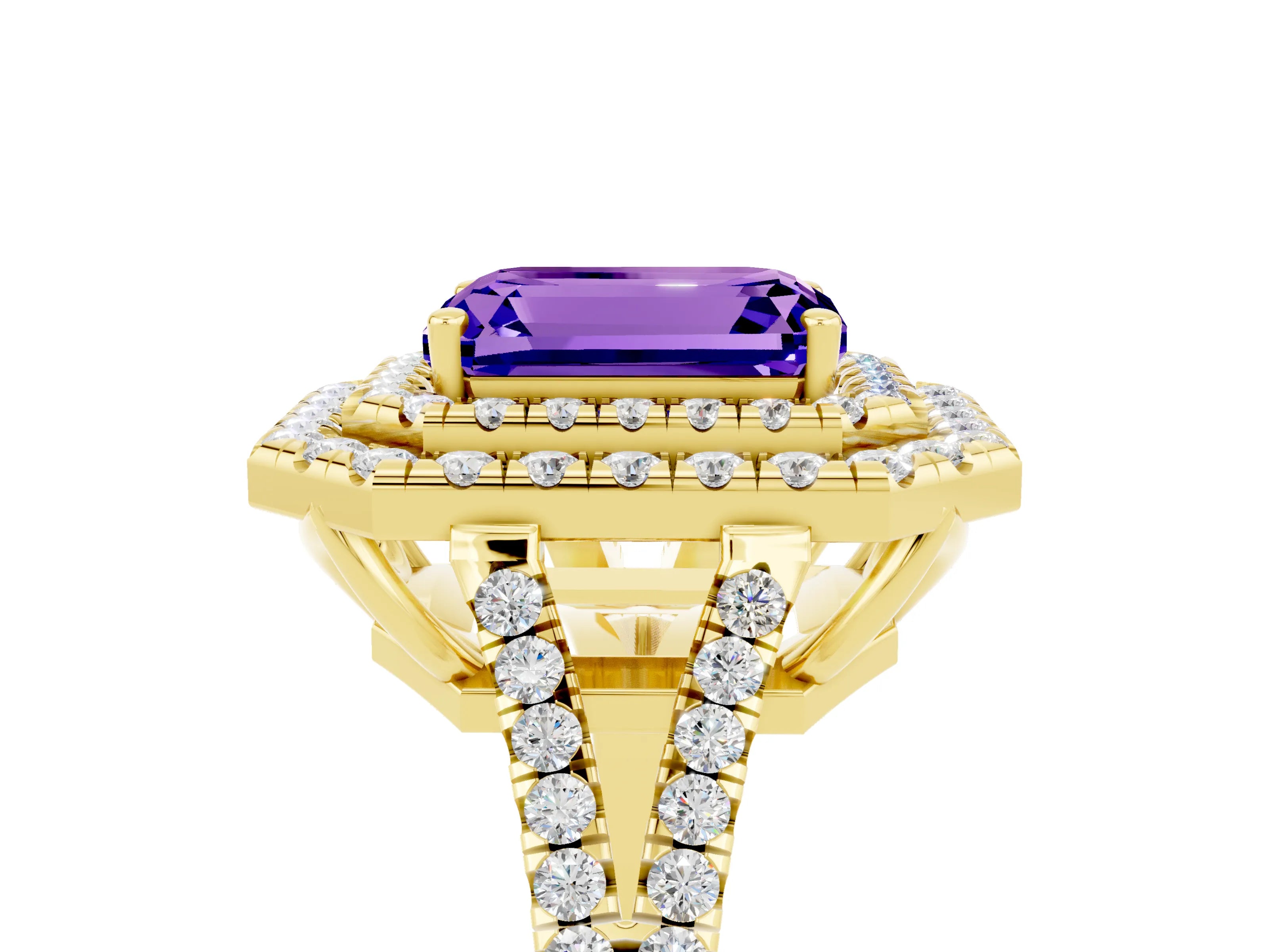 Yellow gold Emerald Cut Tanzanite Double Halo Ring with Pavé Band and Prong Setting_17