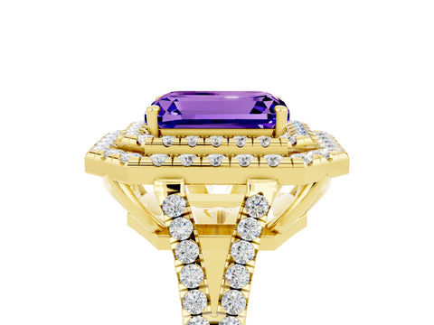 Yellow gold Emerald Cut Tanzanite Double Halo Ring with Pavé Band and Prong Setting_17