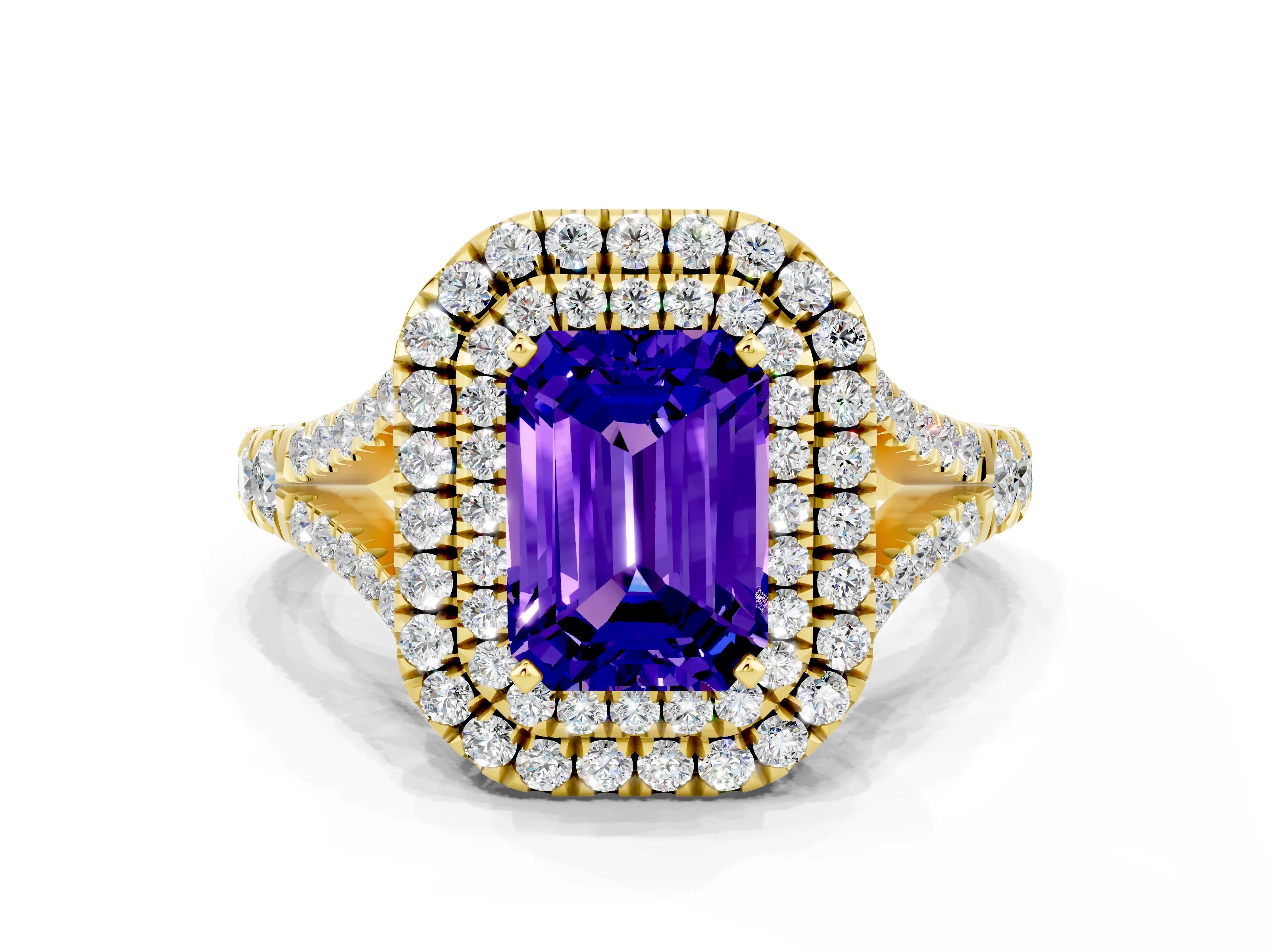 Yellow gold Emerald Cut Tanzanite Double Halo Ring with Split Shank and Prong Setting_12
