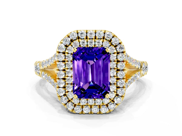 Yellow gold Emerald Cut Tanzanite Double Halo Ring with Split Shank and Prong Setting