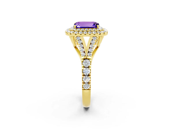 Yellow gold Emerald Cut Tanzanite Double Halo Ring with Split Shank and Prong Setting