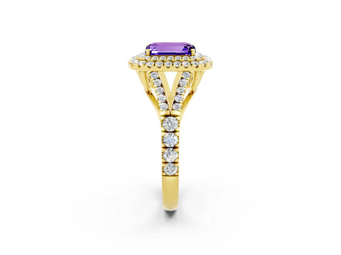 Yellow gold Emerald Cut Tanzanite Double Halo Ring with Split Shank and Prong Setting_14