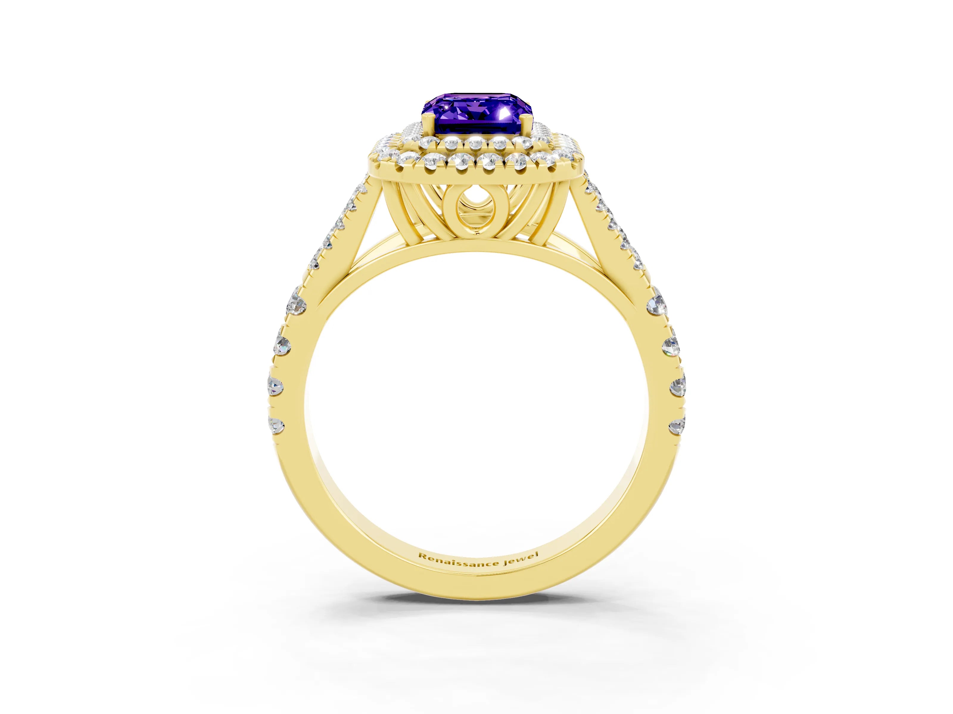 Yellow gold Emerald Cut Tanzanite Double Halo Ring with Split Shank and Prong Setting_15