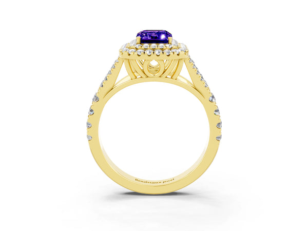 Yellow gold Emerald Cut Tanzanite Double Halo Ring with Split Shank and Prong Setting
