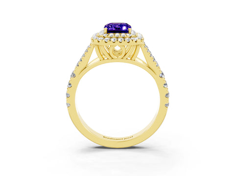 Yellow gold Emerald Cut Tanzanite Double Halo Ring with Split Shank and Prong Setting_15