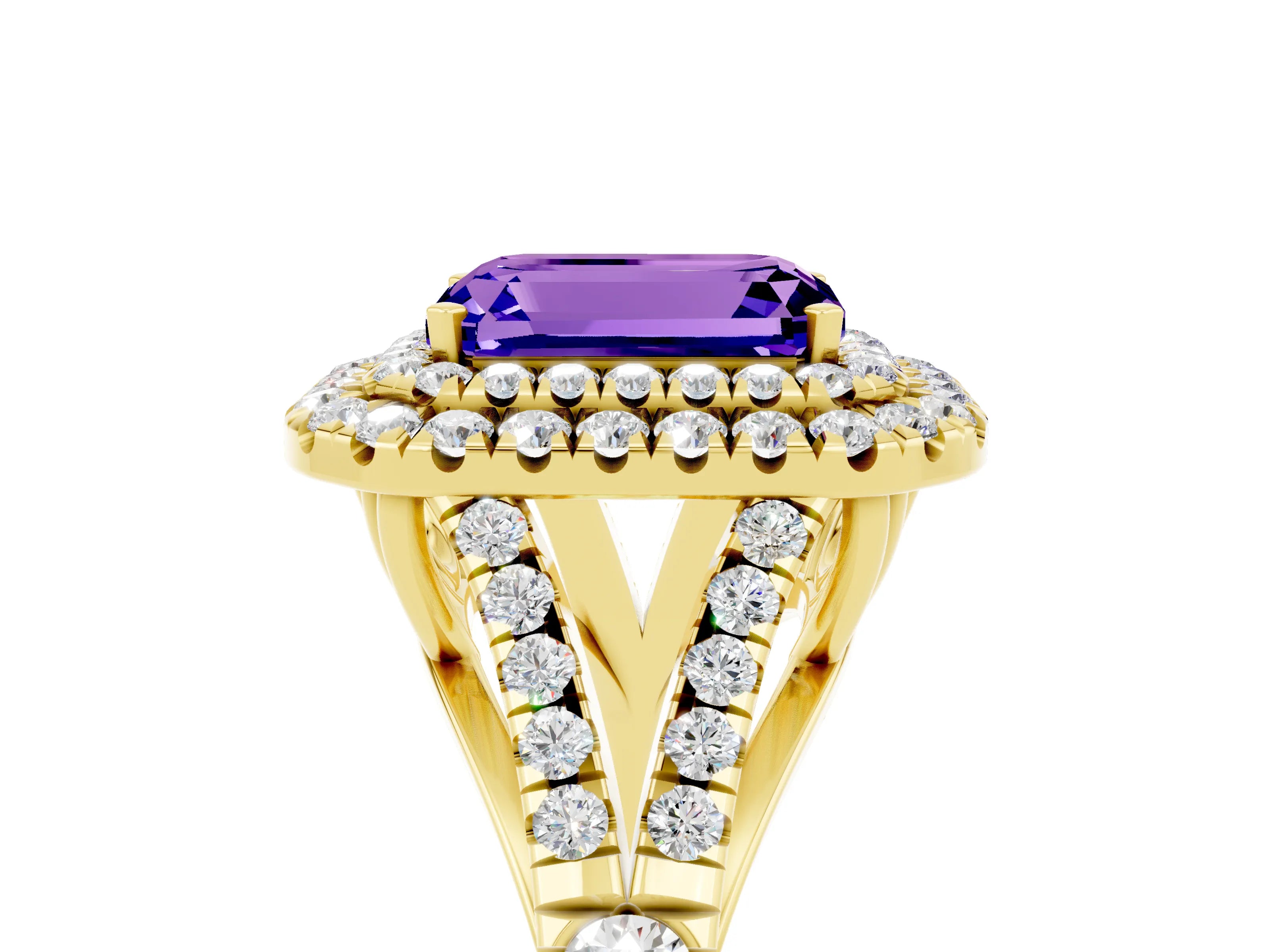 Yellow gold Emerald Cut Tanzanite Double Halo Ring with Split Shank and Prong Setting_17