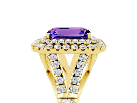 Yellow gold Emerald Cut Tanzanite Double Halo Ring with Split Shank and Prong Setting_17
