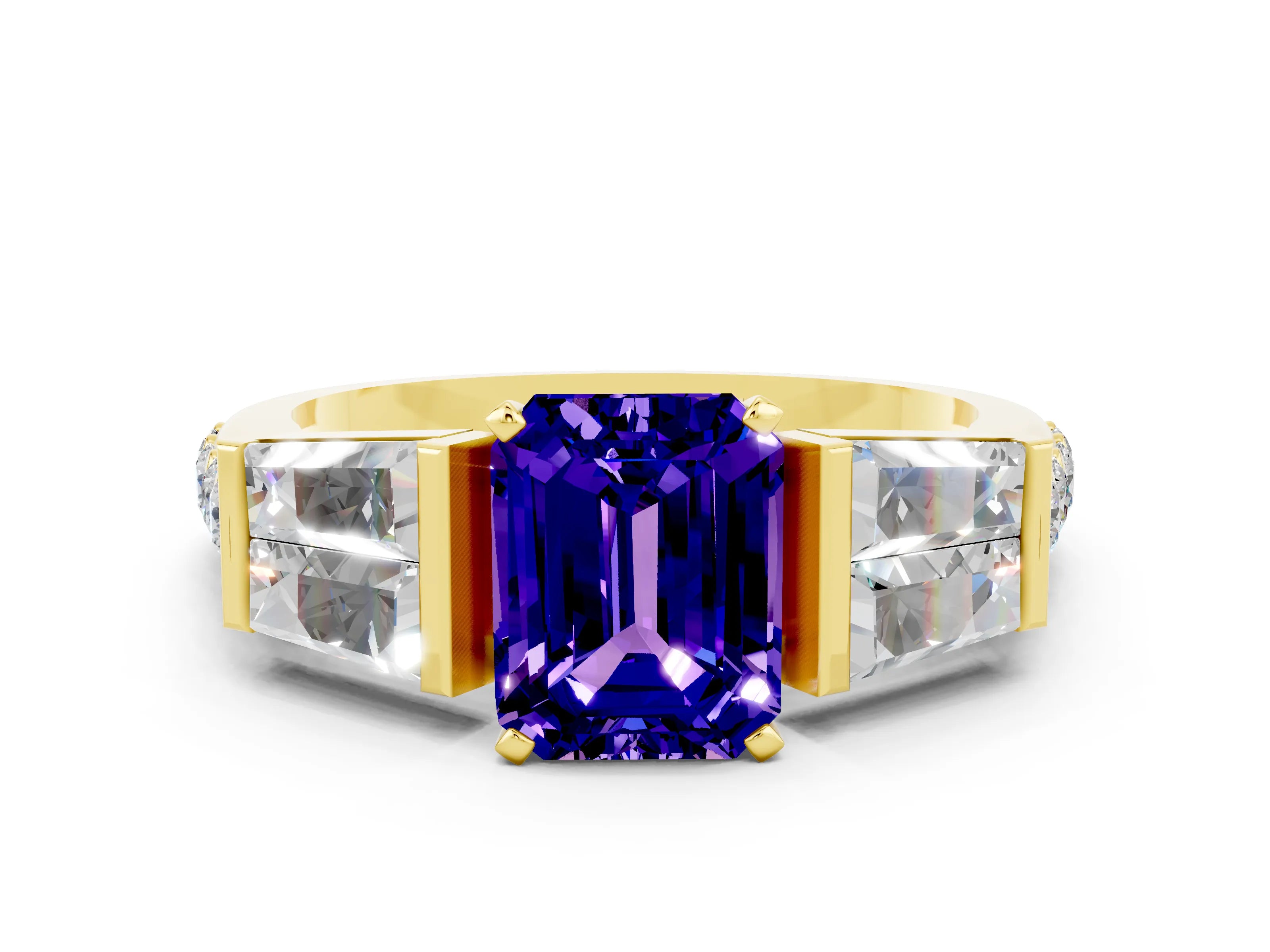 Yellow gold Emerald Cut Tanzanite Engagement Ring with Baguette Side Stones and Channel Set Band