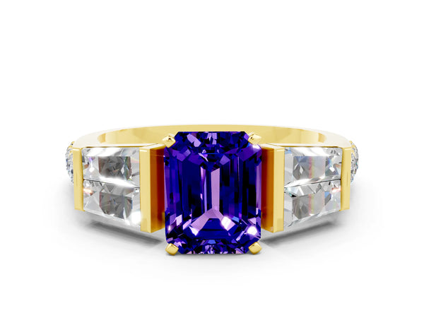 Yellow gold Emerald Cut Tanzanite Engagement Ring with Baguette Side Stones and Channel Set Band