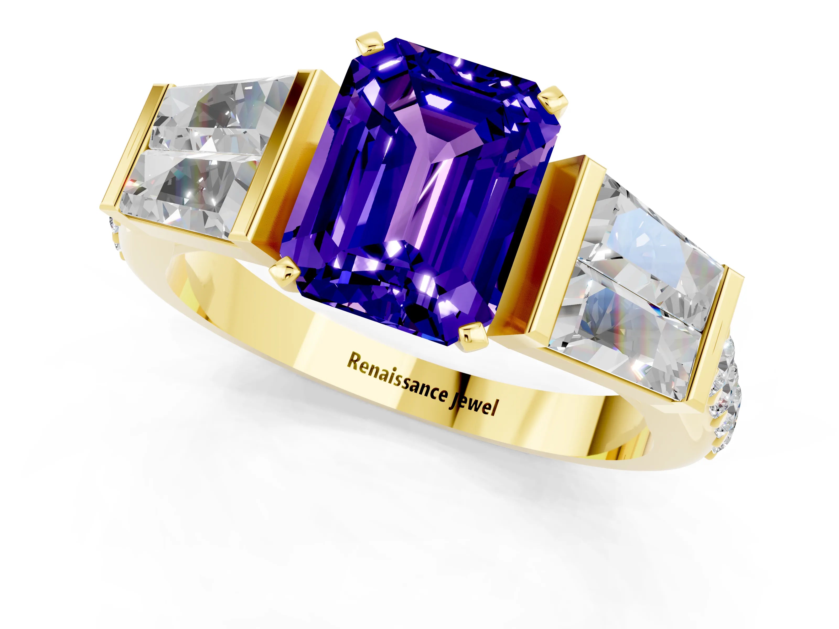 Yellow gold Emerald Cut Tanzanite Engagement Ring with Baguette Side Stones and Channel Set Band_1