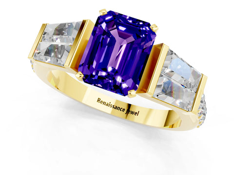 Yellow gold Emerald Cut Tanzanite Engagement Ring with Baguette Side Stones and Channel Set Band_1