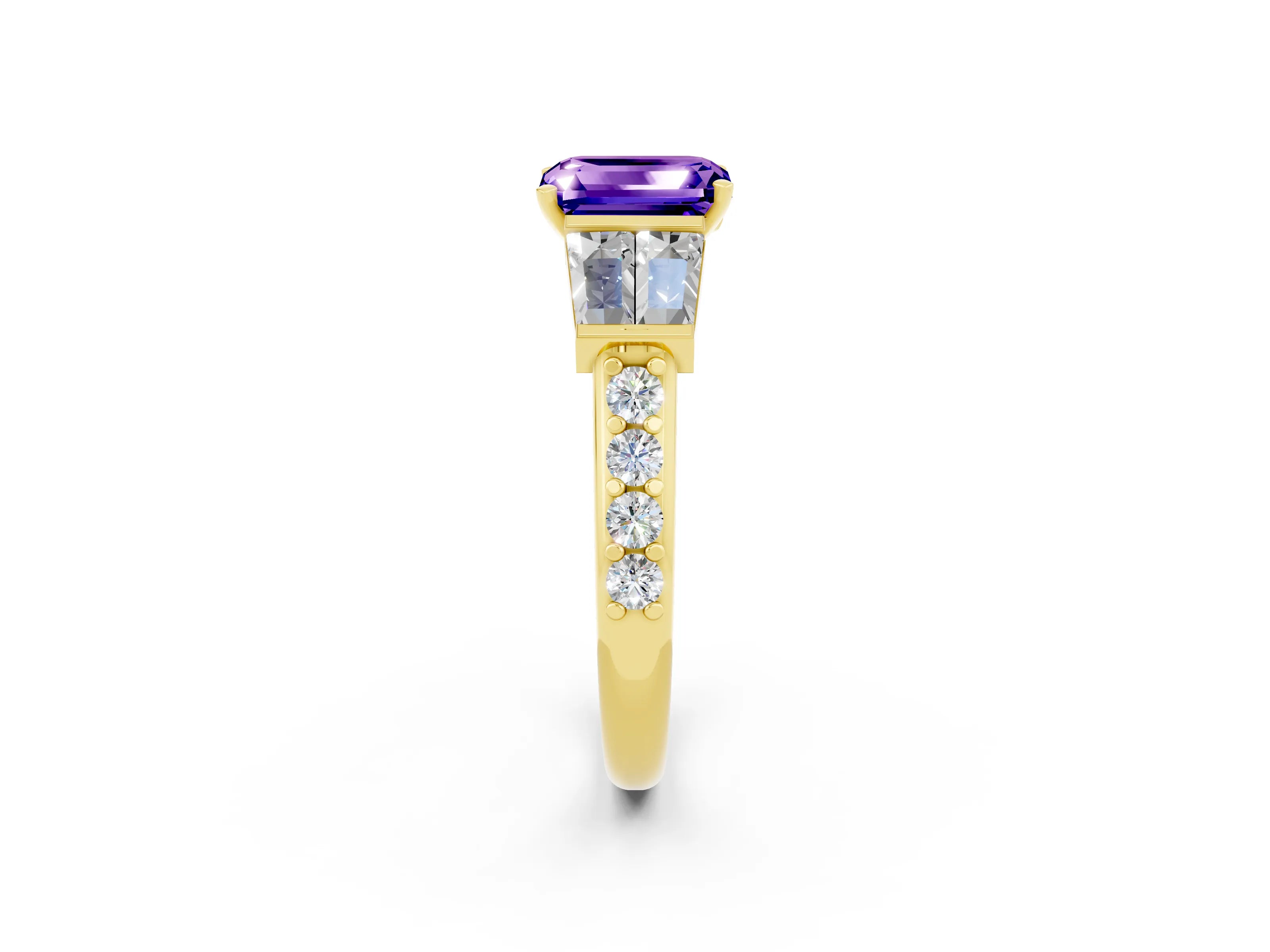 Yellow gold Emerald Cut Tanzanite Engagement Ring with Baguette Side Stones and Channel Set Band_2
