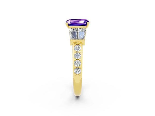 Yellow gold Emerald Cut Tanzanite Engagement Ring with Baguette Side Stones and Channel Set Band