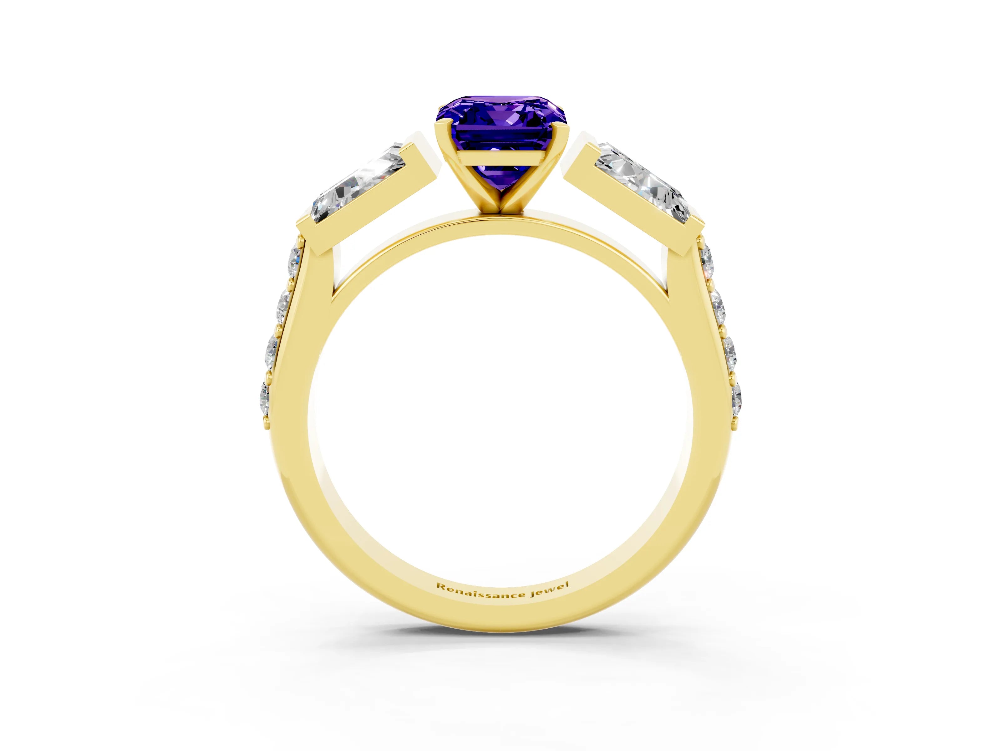 Yellow gold Emerald Cut Tanzanite Engagement Ring with Baguette Side Stones and Channel Set Band_3