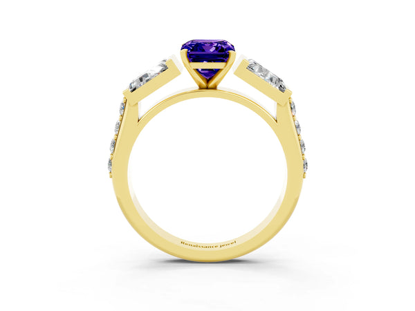 Yellow gold Emerald Cut Tanzanite Engagement Ring with Baguette Side Stones and Channel Set Band