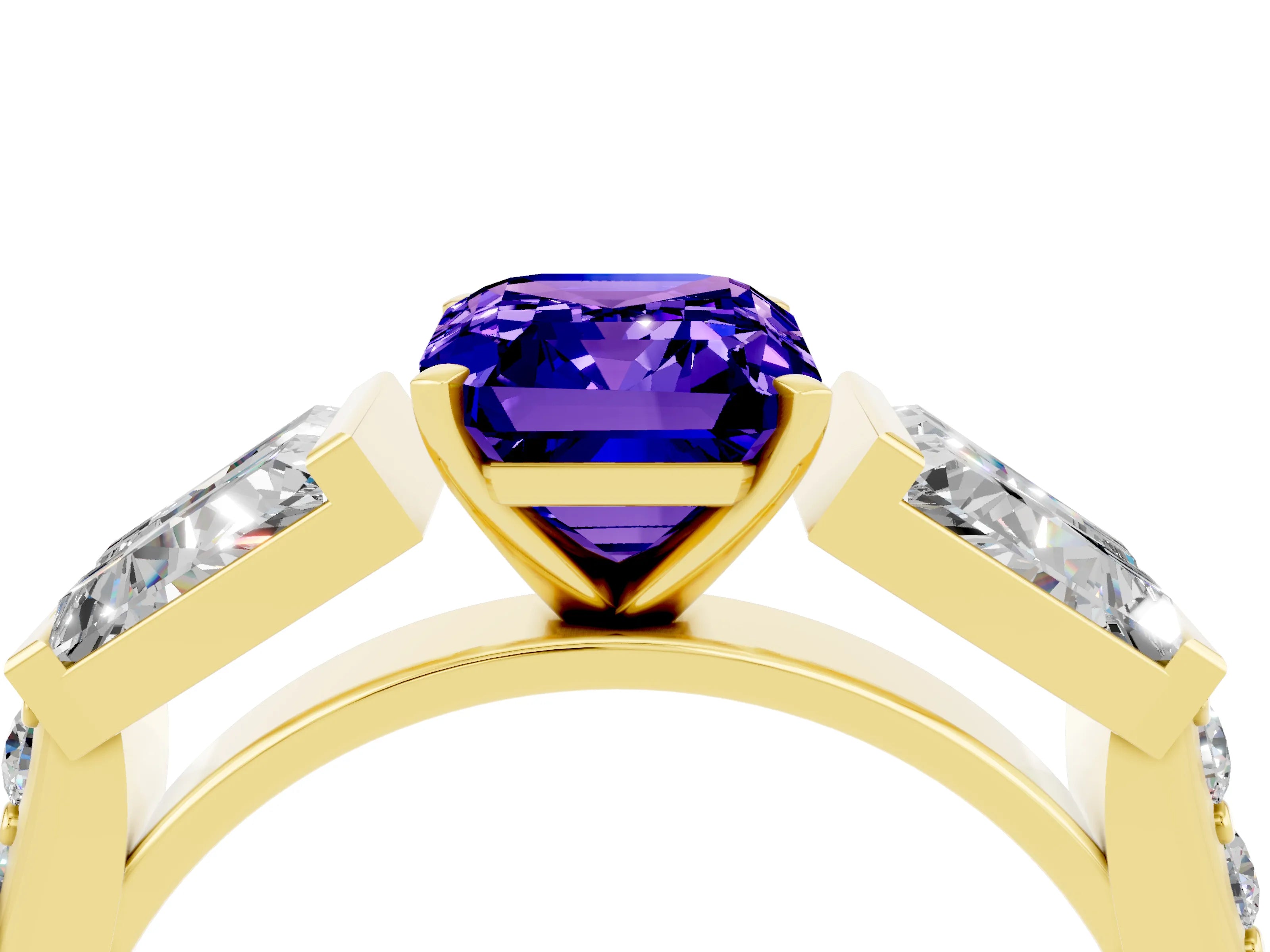 Yellow gold Emerald Cut Tanzanite Engagement Ring with Baguette Side Stones and Channel Set Band_4