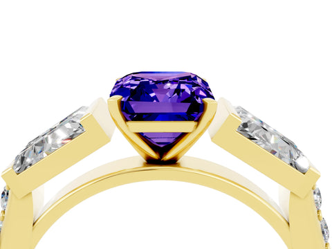 Yellow gold Emerald Cut Tanzanite Engagement Ring with Baguette Side Stones and Channel Set Band_4