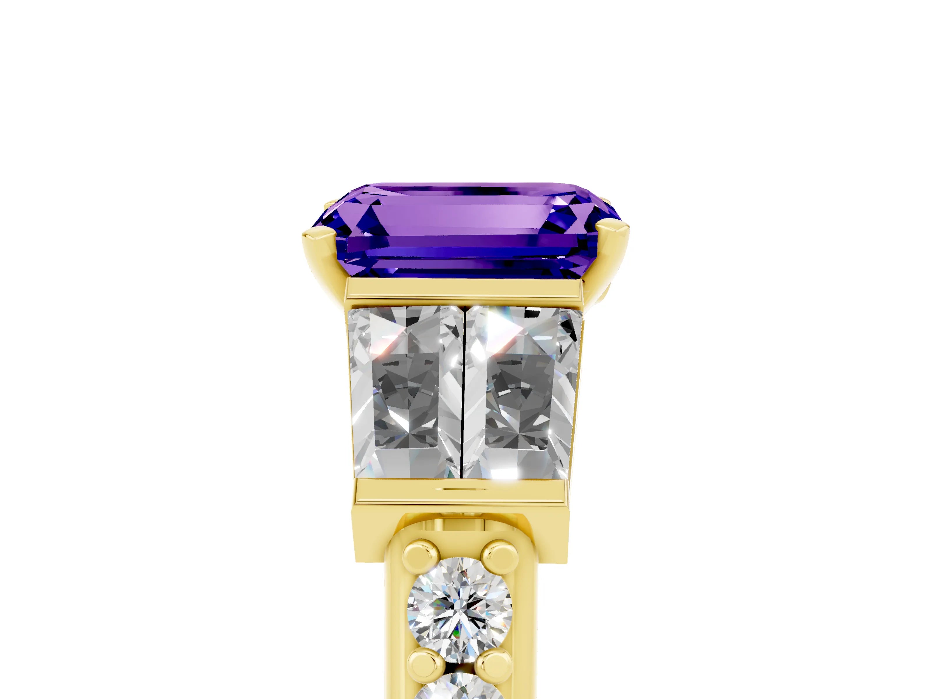 Yellow gold Emerald Cut Tanzanite Engagement Ring with Baguette Side Stones and Channel Set Band_5