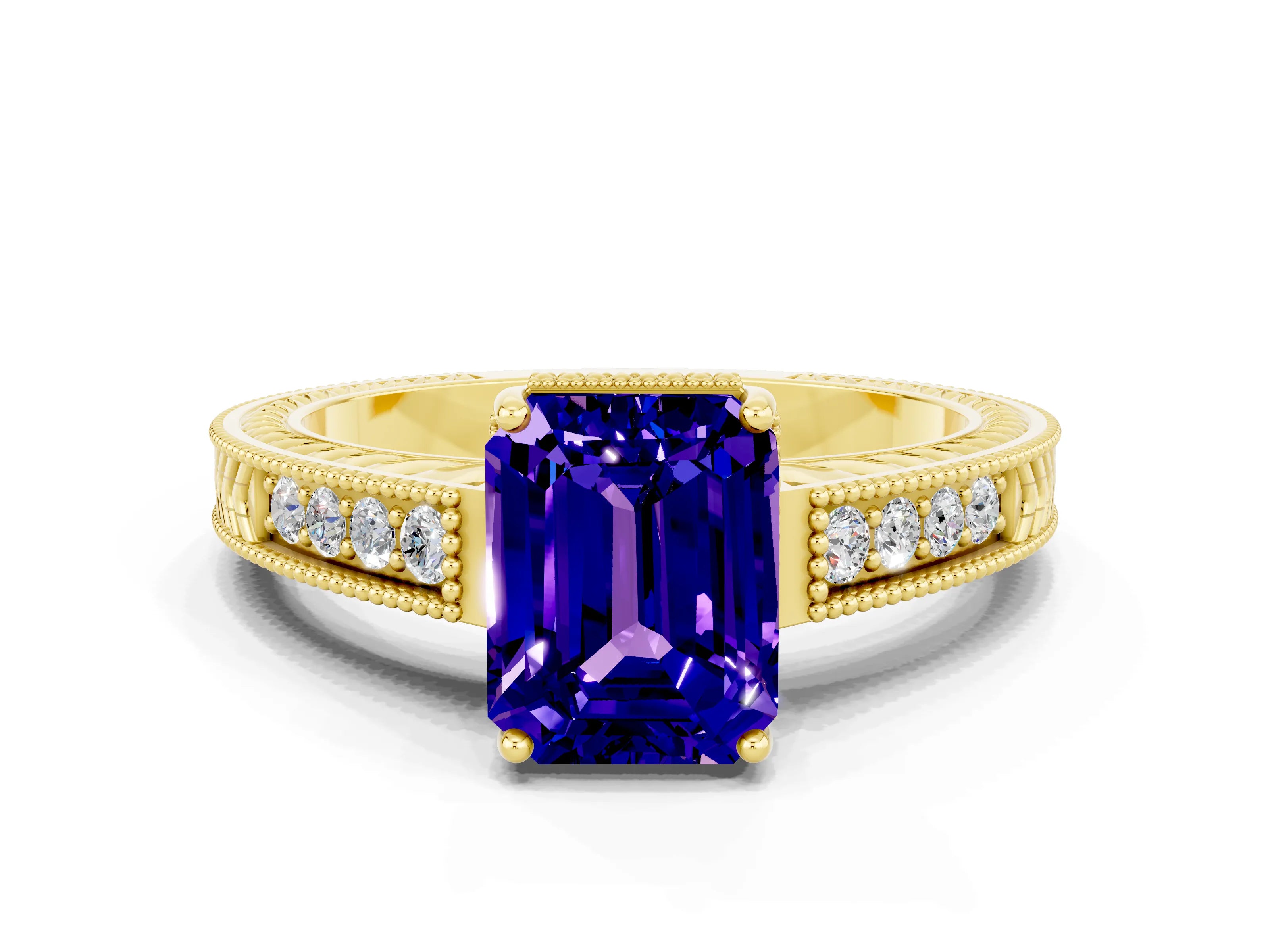 Yellow gold Emerald Cut Tanzanite Engagement Ring with Milgrain Channel Set Band and Prong Setting