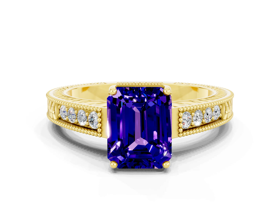 Yellow gold Emerald Cut Tanzanite Engagement Ring with Milgrain Channel Set Band and Prong Setting