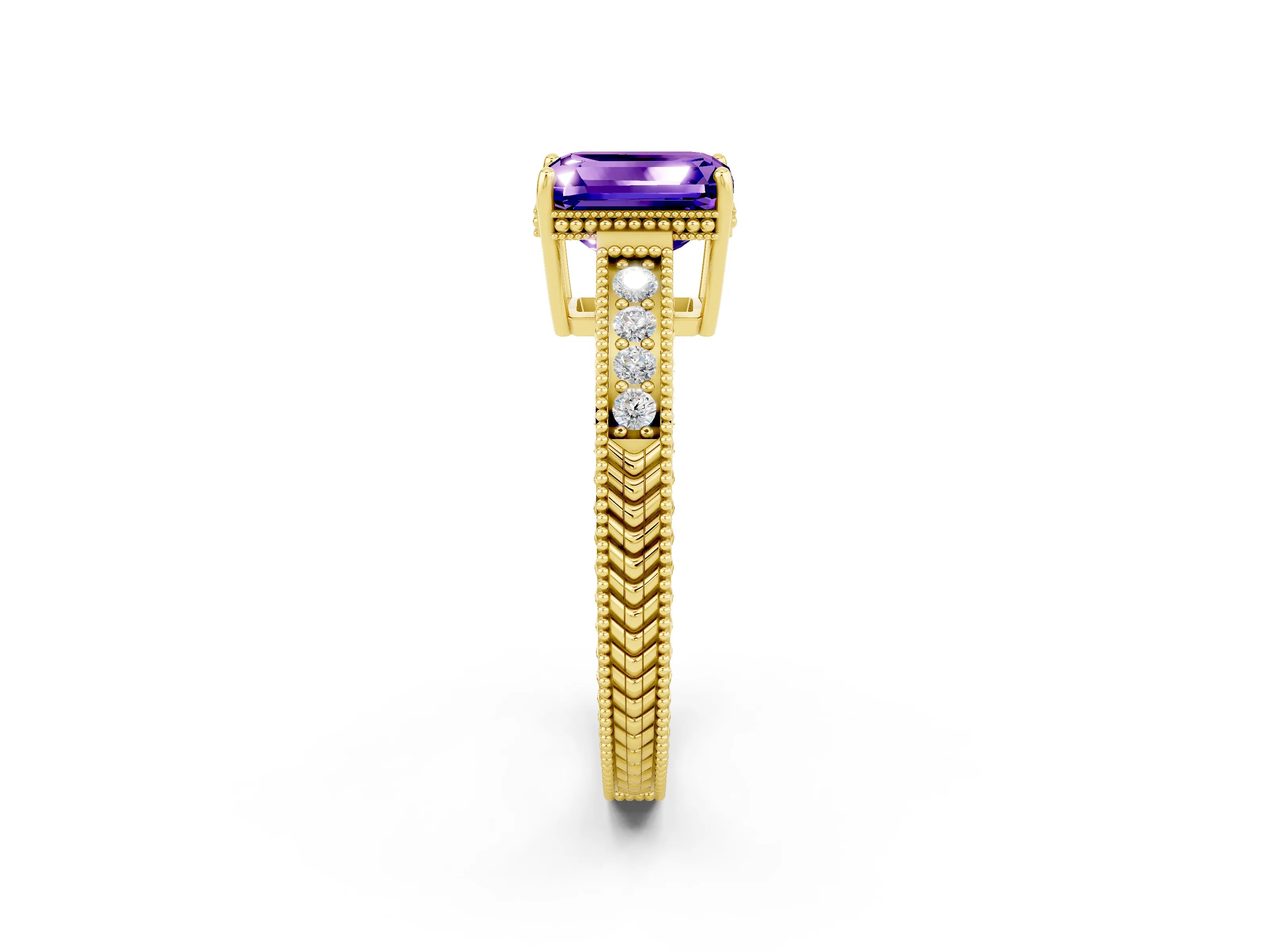 Yellow gold Emerald Cut Tanzanite Engagement Ring with Milgrain Channel Set Band and Prong Setting_2