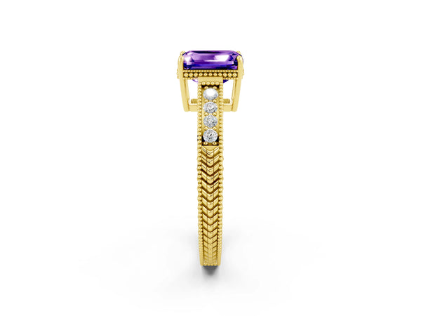 Yellow gold Emerald Cut Tanzanite Engagement Ring with Milgrain Channel Set Band and Prong Setting