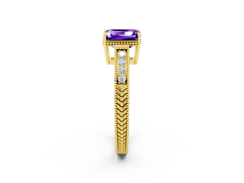 Yellow gold Emerald Cut Tanzanite Engagement Ring with Milgrain Channel Set Band and Prong Setting_2