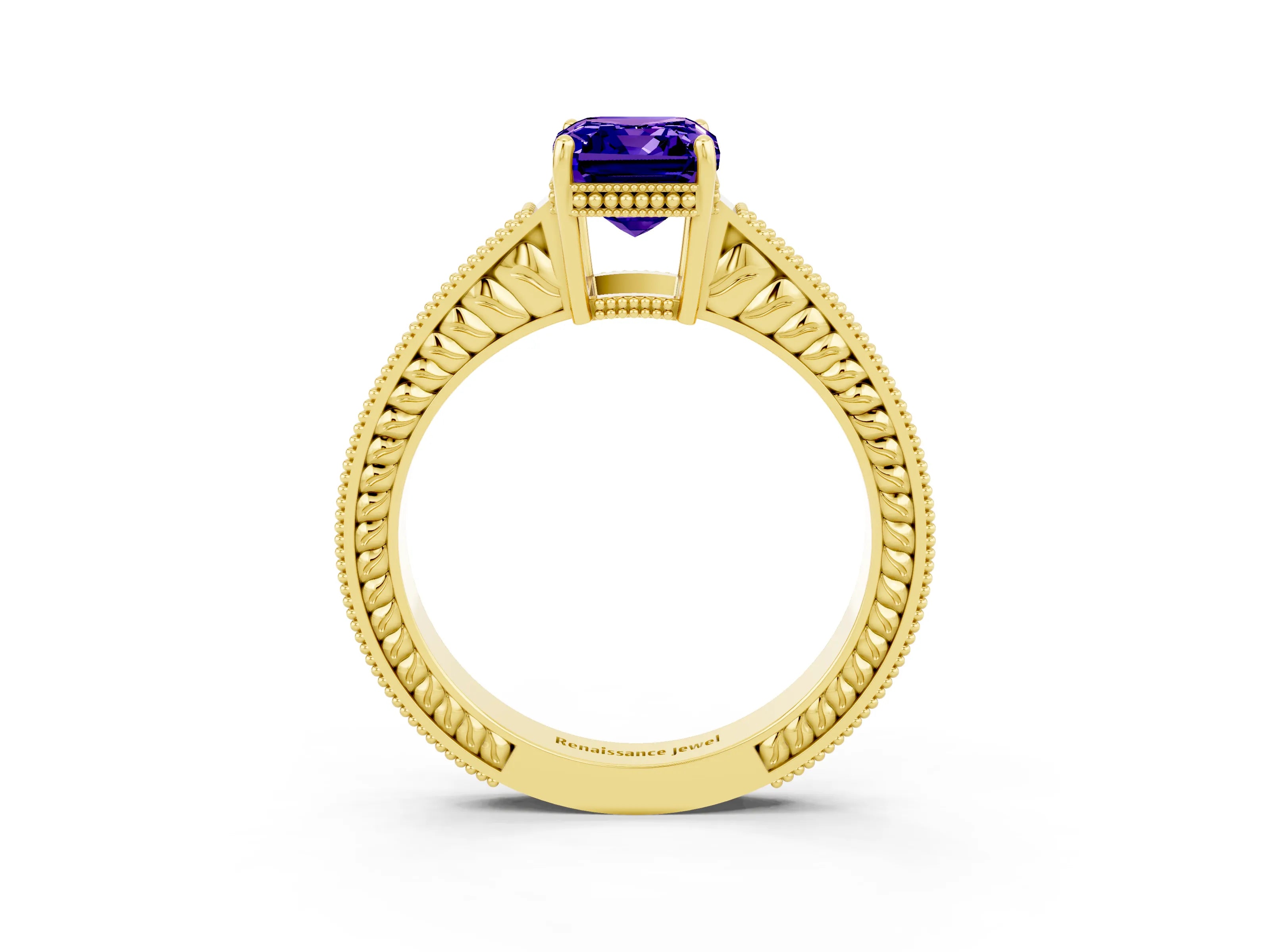 Yellow gold Emerald Cut Tanzanite Engagement Ring with Milgrain Channel Set Band and Prong Setting_3